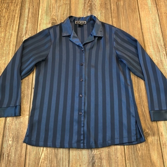 HALSTON Blue Striped Silk Texture Button Up Shirt XS - Picture 1 of 6